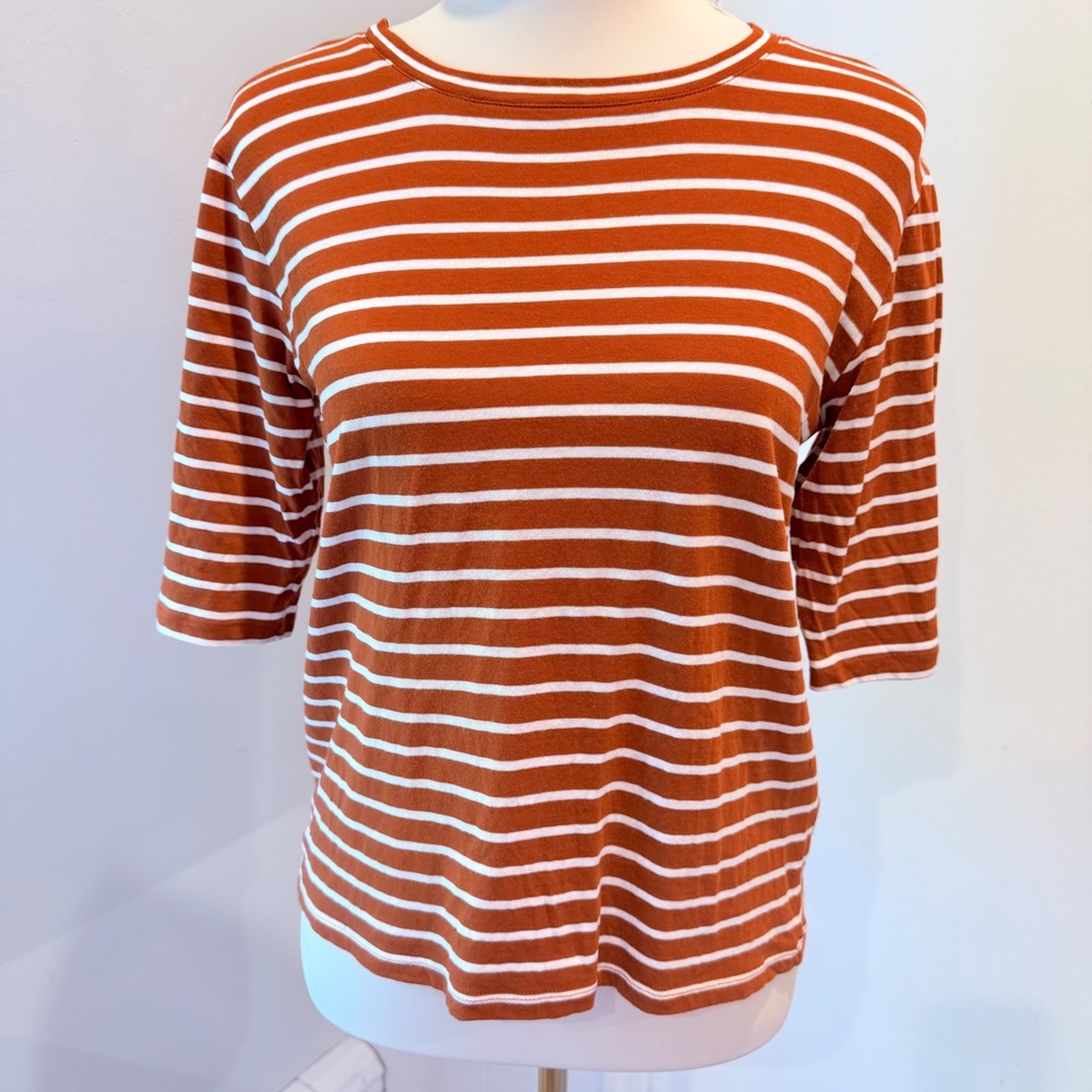 Vince Rust Orange Striped Elbow Sleeve Cotton Tee Top  | Size M